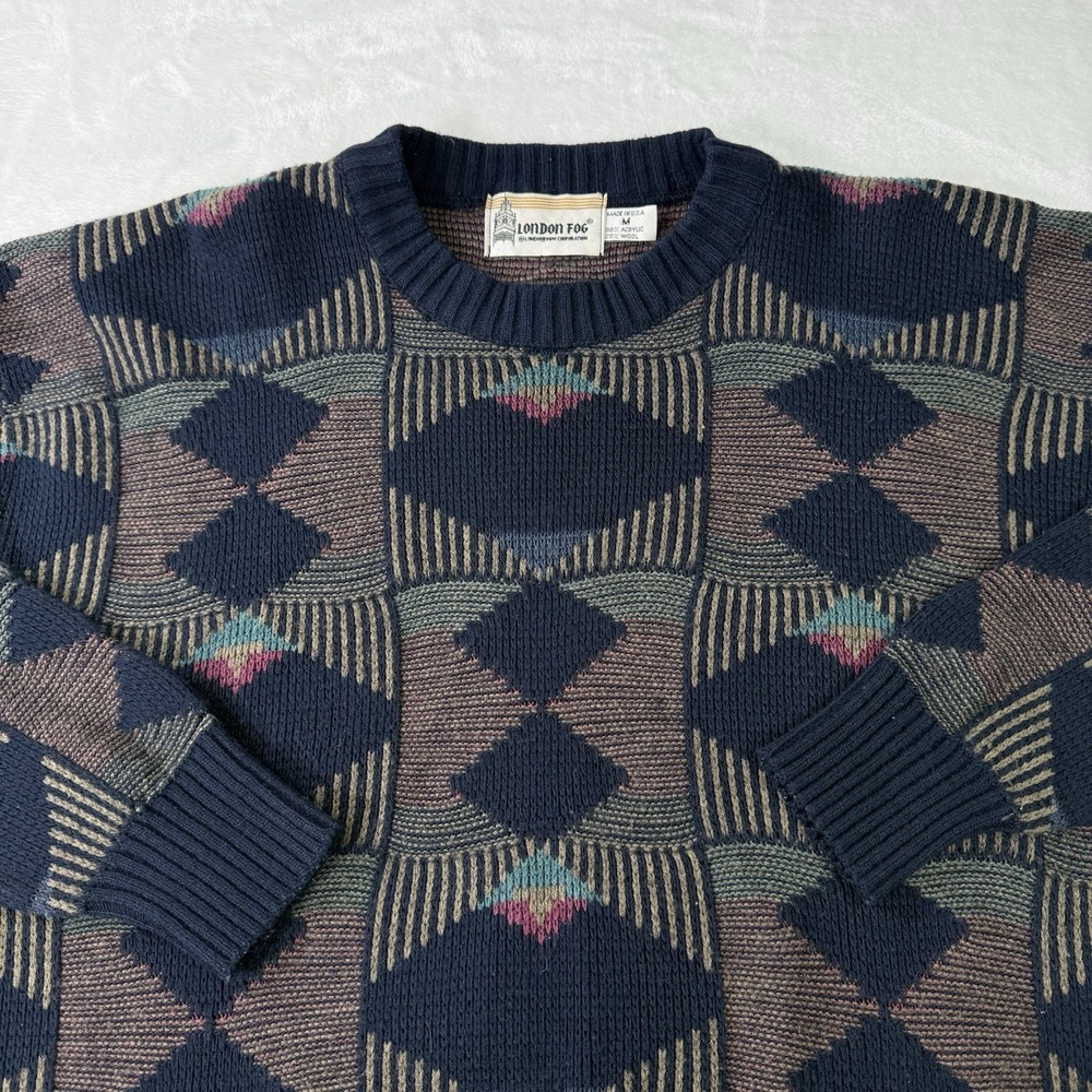 Vintage London Fog Sweater Medium Wool Blend Geometric Knit Grandpa Made in USA‎